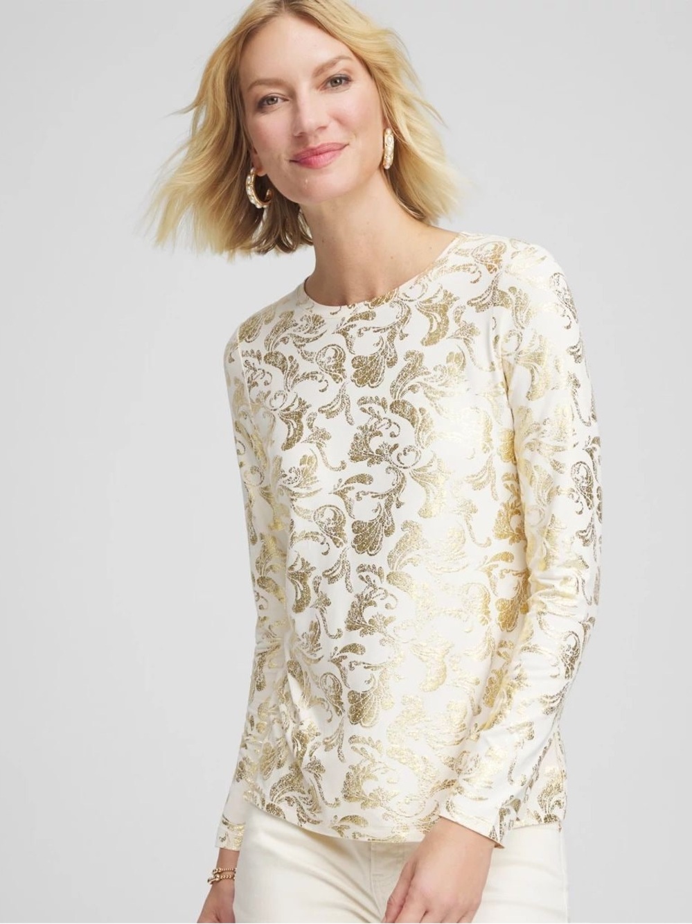 CHICOS Touch of Cool Layering Tee in Foiled Scrolls, NWT
